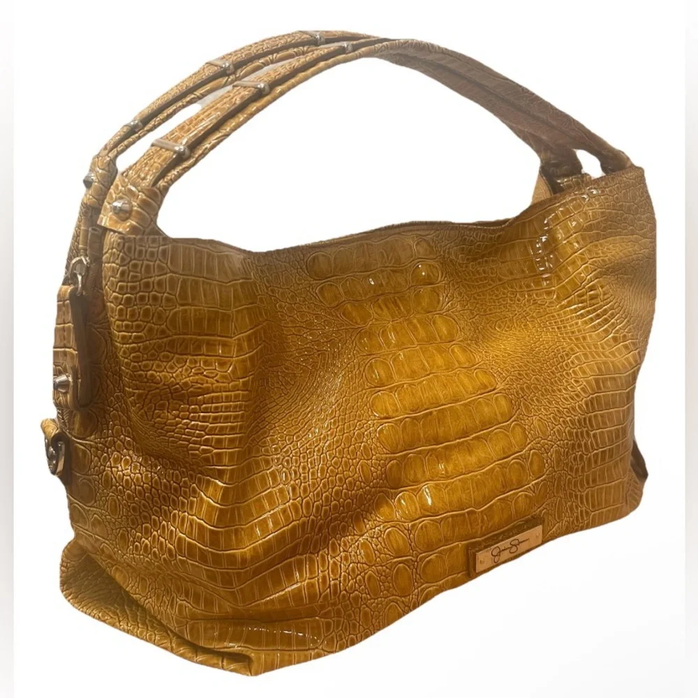 Jessica Simpson Yellow Crocodile-Embossed Signature XL Tote with Emerald Lining